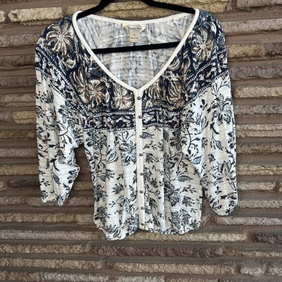 Lucky Brand Blue Tan Batik Boho Hippie Chic Peasant Top Size XSmall - Picture 8 of 9
